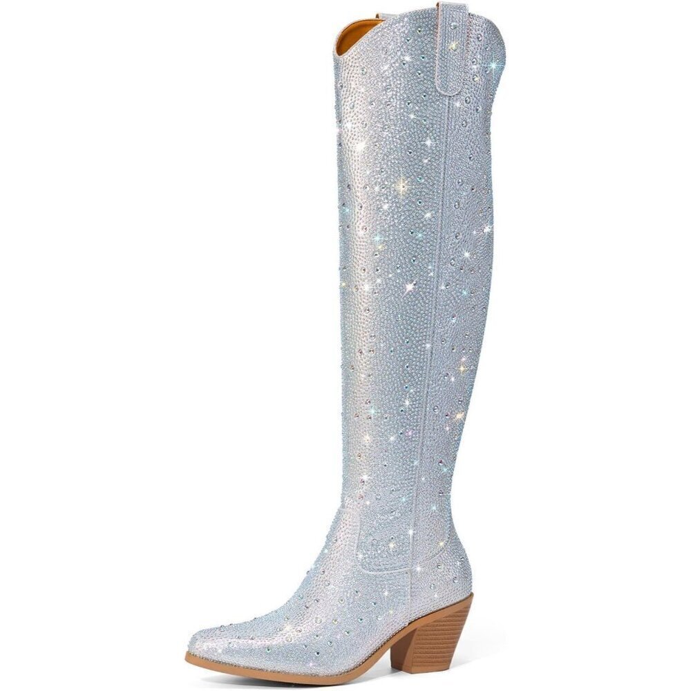 Women's Silver Rhinestone Sparkly Over Knee Pointed Toe Chunky High Heel Boots